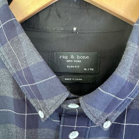 Rag & Bone men’s navy multi checkered slim fit Tomlin button down shirt - Picture 4 of 8
